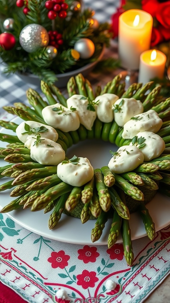 A festive asparagus wreath topped with creamy cheese, garnished with herbs, set on a holiday table.